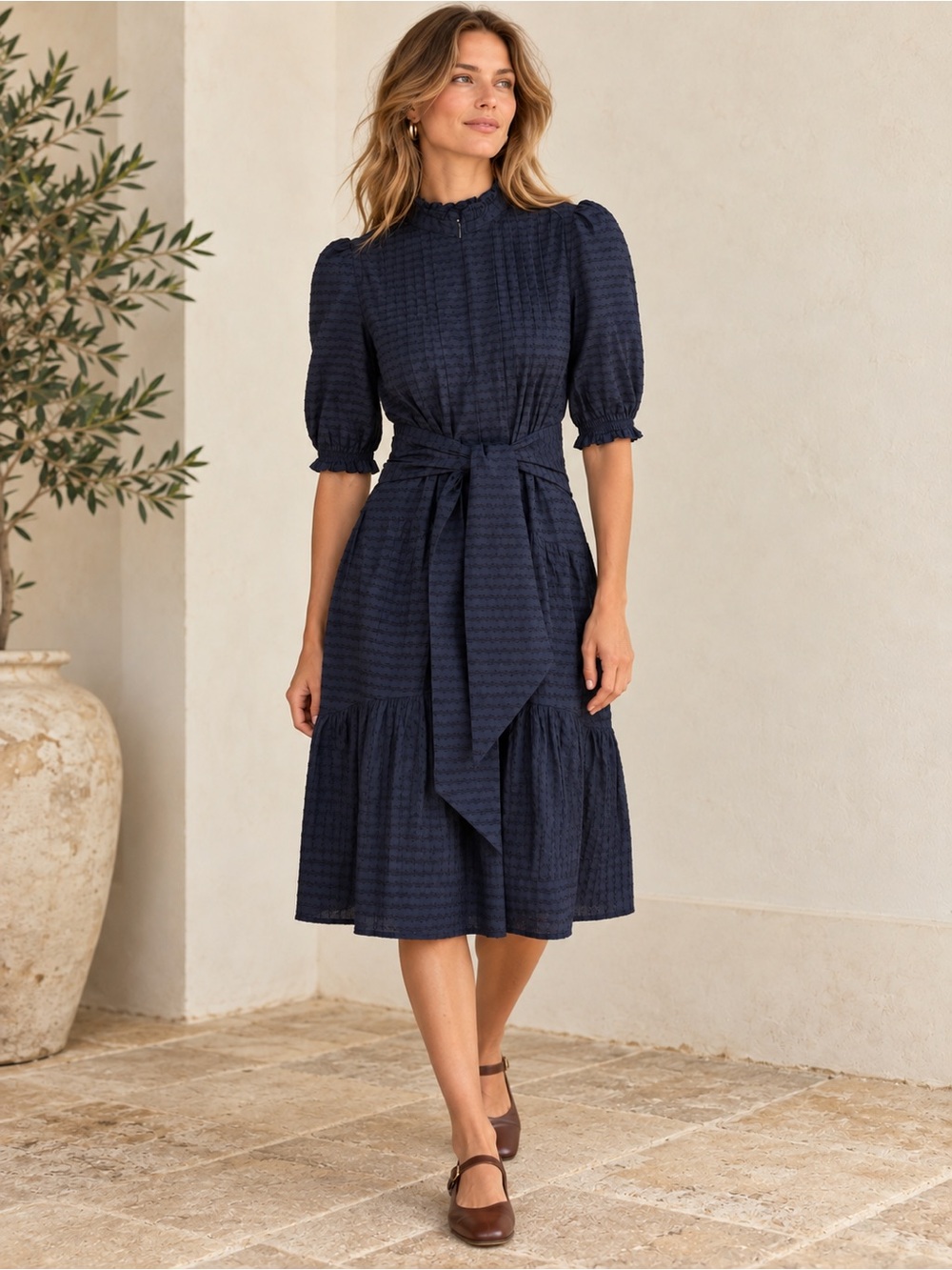 ME+EM Pleated Jaquard Navy Cotton Swing Dress Belt Tie
